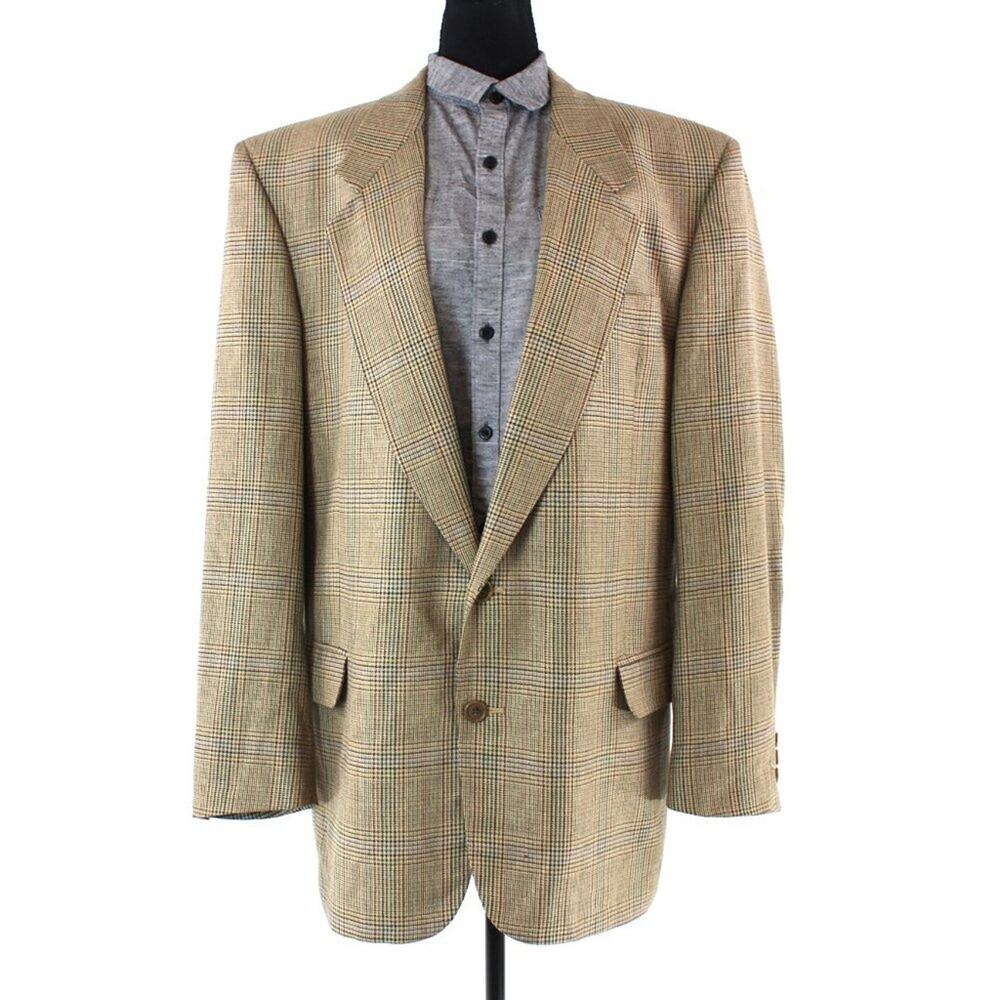 Pierre BALMAIN Silk Wool Tan Multicolor Houndstooth Suit Coat Blazer Jacket 44L